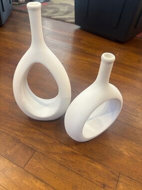 Source Unknown White Sculptural Ring Vases - Set of 2